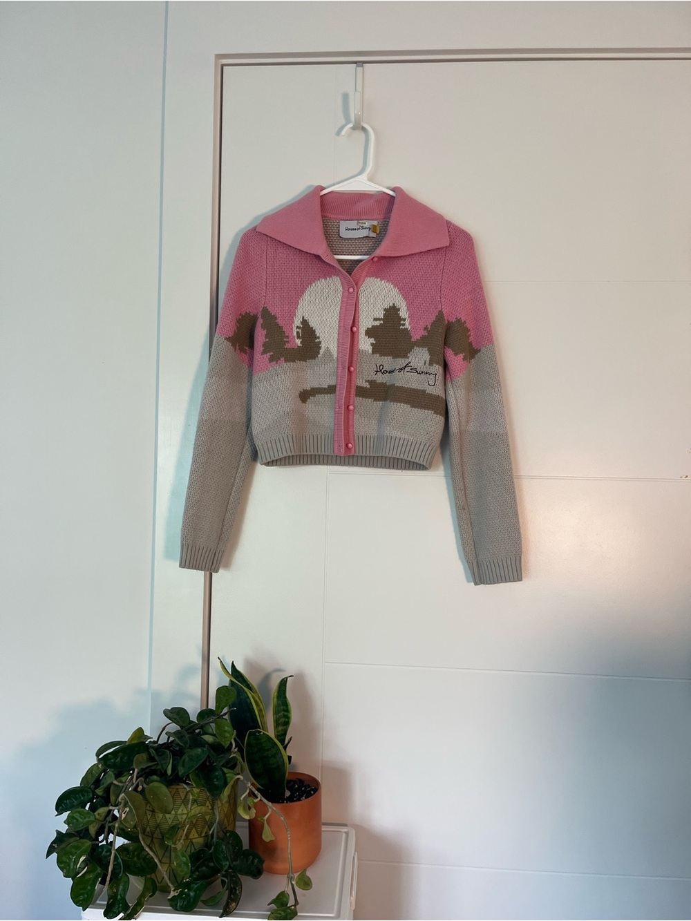 House of Sunny Rose Pink and Gray Scenic Knit Cardigan Sweater - Picture 2 of 5